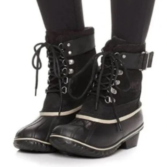 Sorel Fancy Lace Black Leather Lace Up Winter Duck Boots Size 6 - Picture 1 of 8